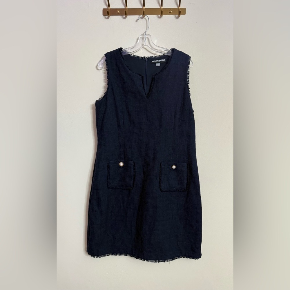 Karl Lagerfeld Paris Tonal Tweed Pocket Dress In Navy Sleeveless Women’s Sz 16